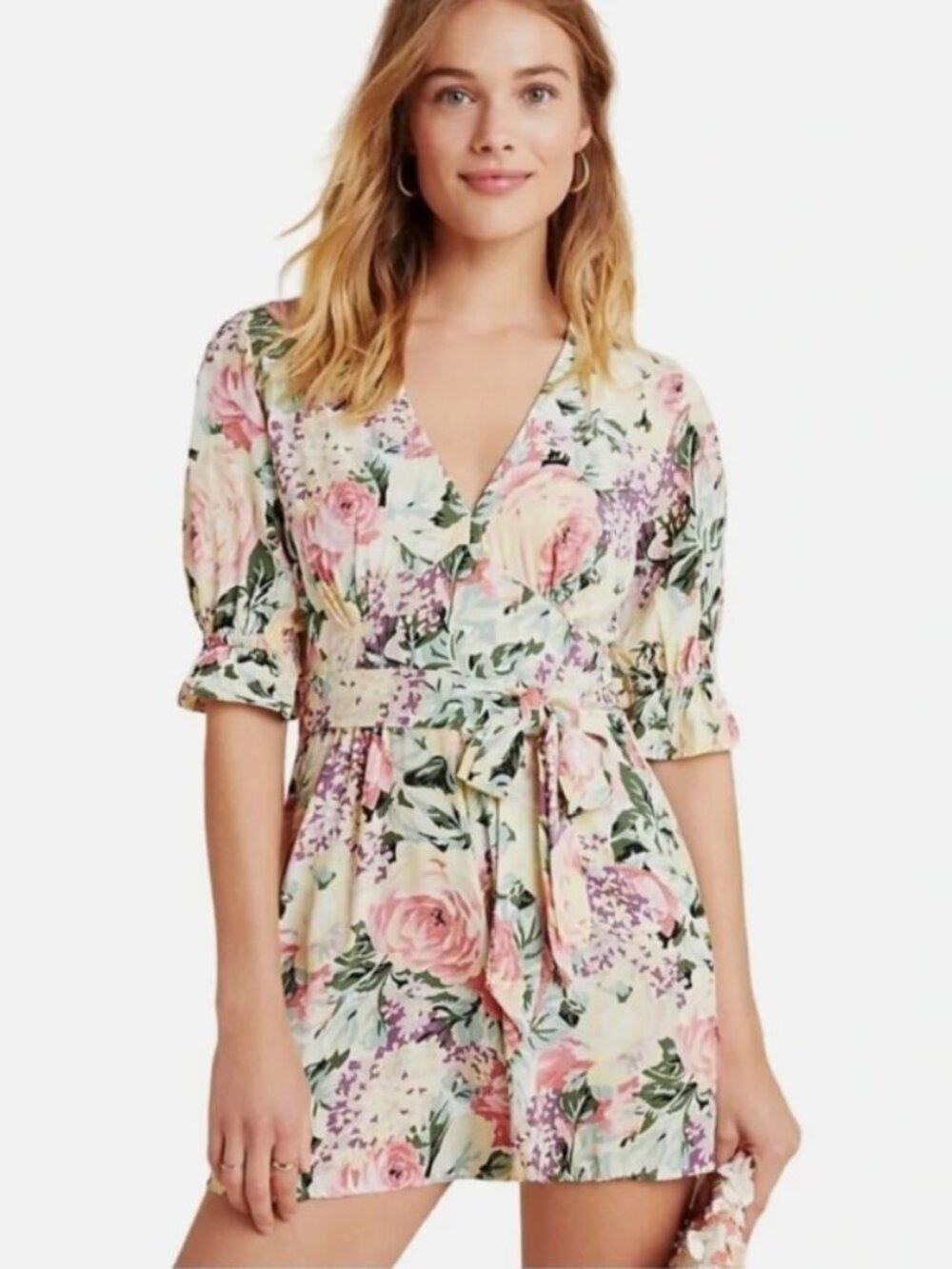 Faithfull the Brand Ana Floral Cottagecore Puff Sleeve Playsuit Romper Sz 2